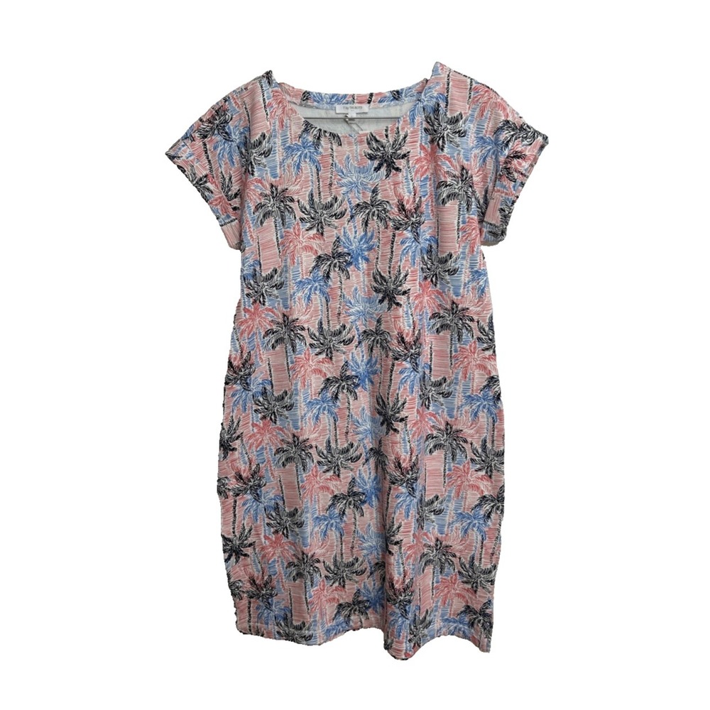 T by Talbots Dress‎ Women's L Jersey Knit S/S Palm Tree Print Coral Pink Blues